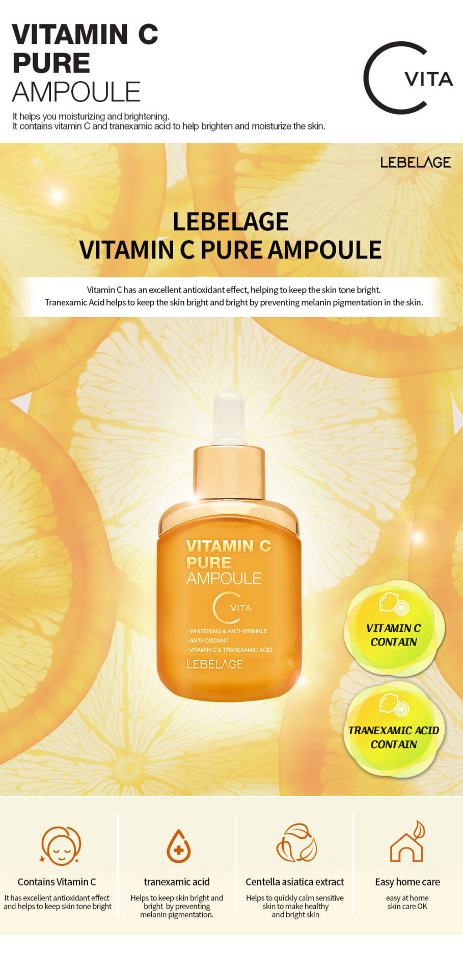 It is a face ampoule with vitamin C, Centella Asiatica & Tranexamic acid which charges the skin with energy, saturates it with vitamins, increases tone and significantly improves complexion. This ampoule is an ideal solution in the care of dull and “gray” skin, which needs to be restored fresh and bright tone
