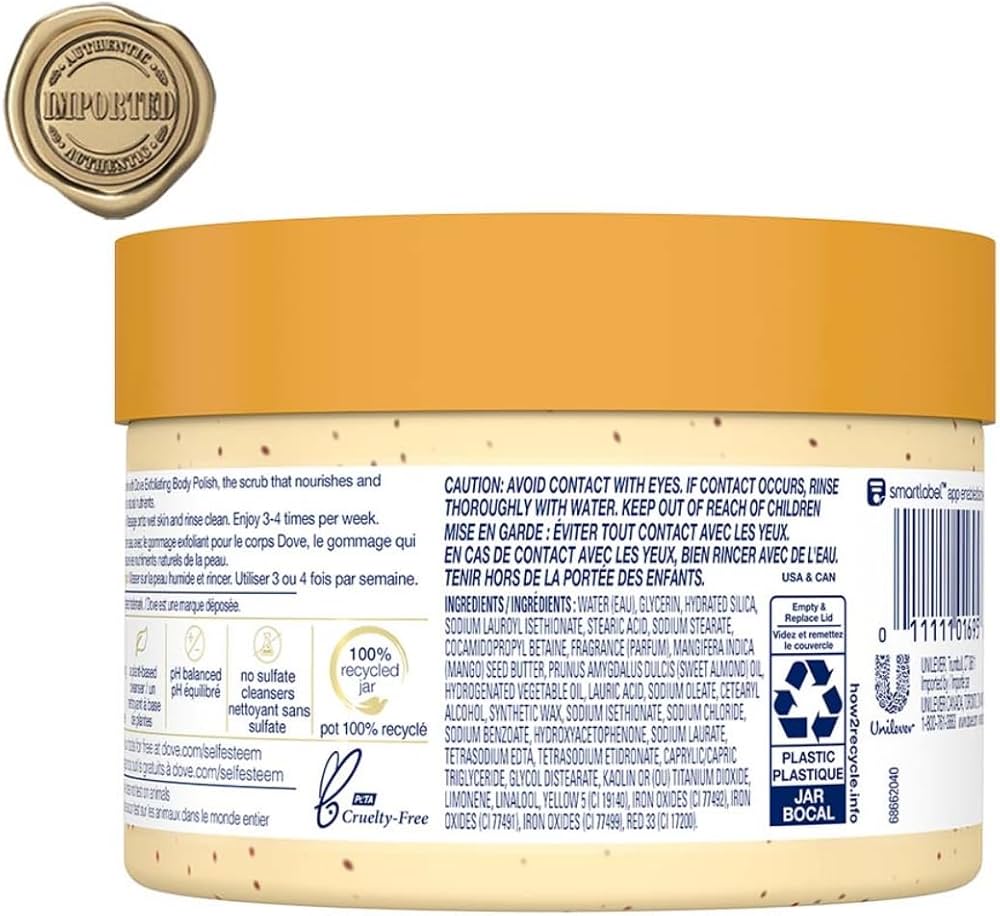 Dove Scrub Crushed Almond & Mango Butter For Silky Smooth Skin Body Scrub Exfoliates & Restores Skin's Natural Nutrients 10.5 oz - Image 4