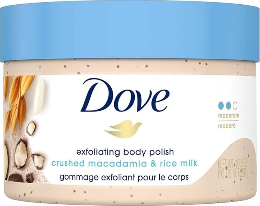 Dove Exfoliating Body Polish Scrub Reveals Visibly Smoother Skin Macadamia & Rice Milk Body Scrub That Nourishes Skin, 10.5 oz