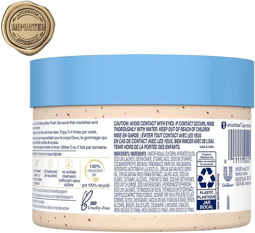 Dove Exfoliating Body Polish Scrub Reveals Visibly Smoother Skin Macadamia & Rice Milk Body Scrub That Nourishes Skin, 10.5 oz - Image 3
